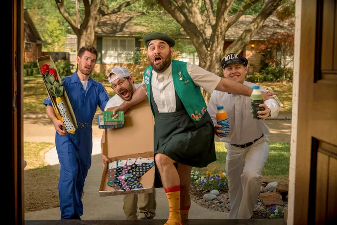 The Foot Cardigan delivery crew arriving at a front door with flowers, cookies, socks and milk